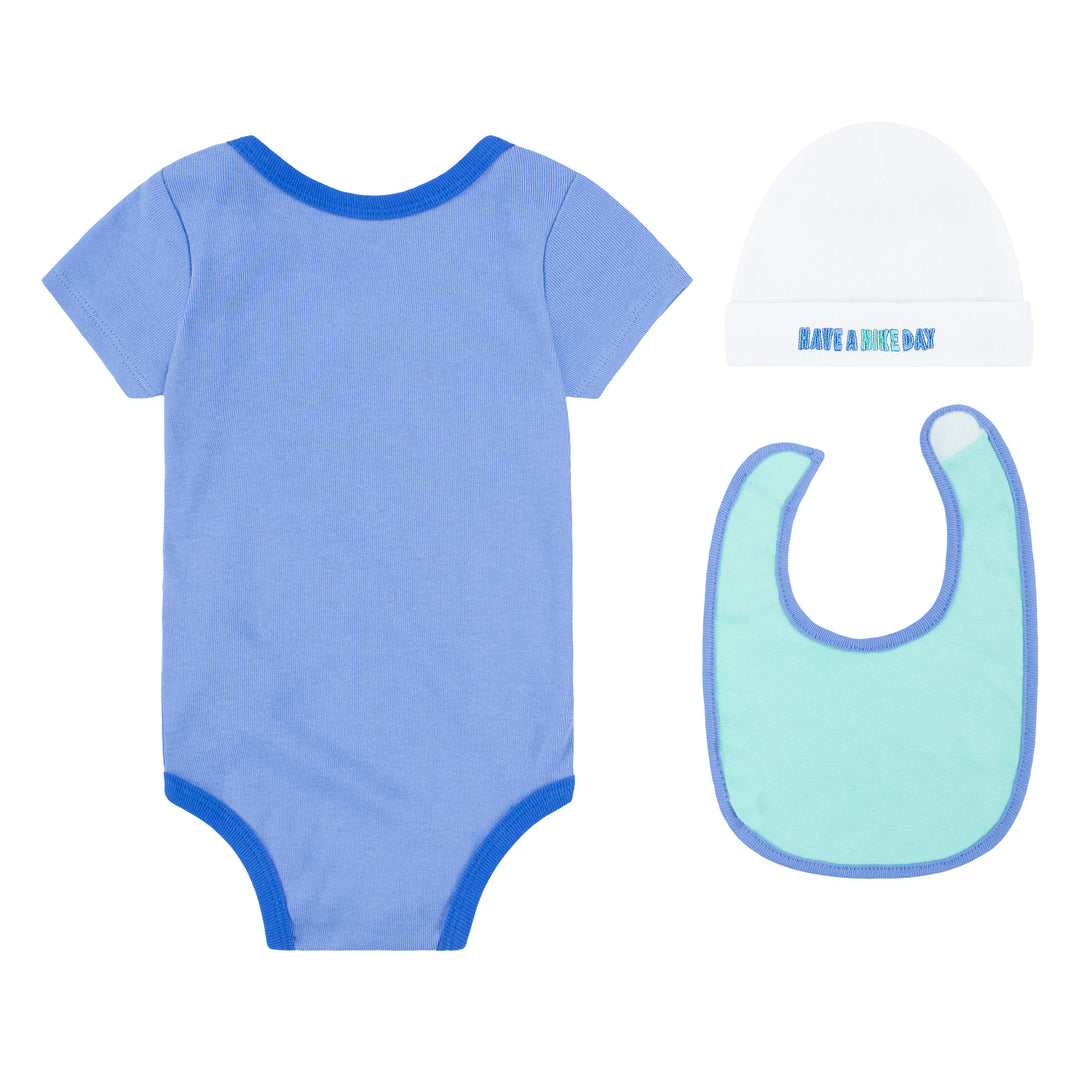 Nike 3-Piece Art of Play Bodysuit, Hat & Bib Blue Set (Newborn)
