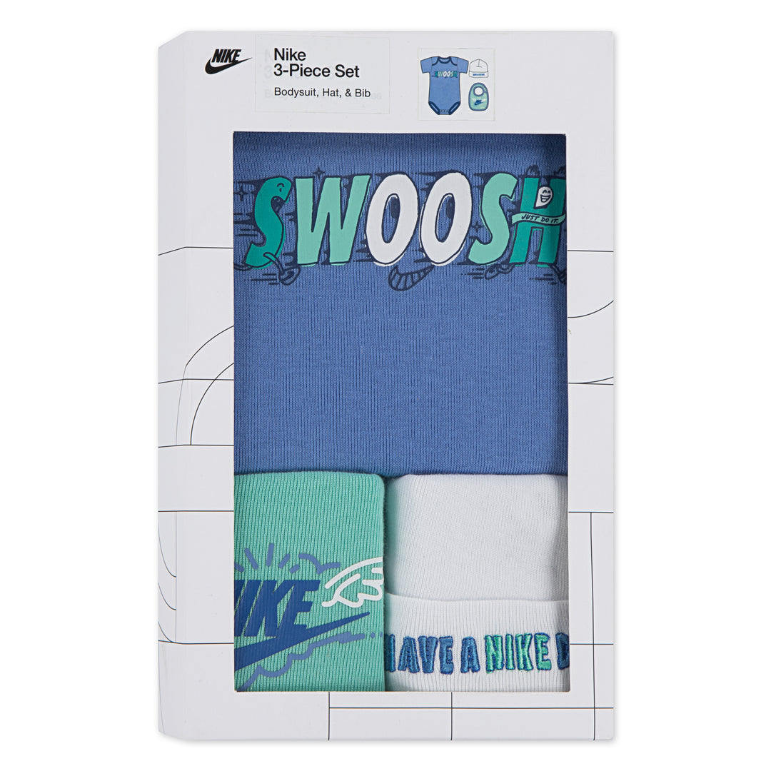 Nike 3-Piece Art of Play Bodysuit, Hat & Bib Blue Set (Newborn)