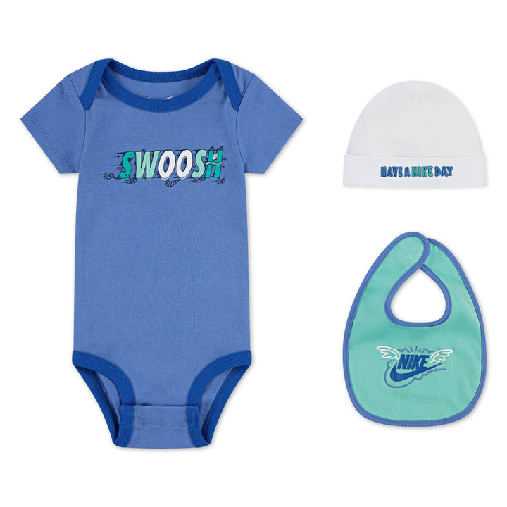 Nike 3-Piece Art of Play Bodysuit, Hat & Bib Blue Set (Newborn)