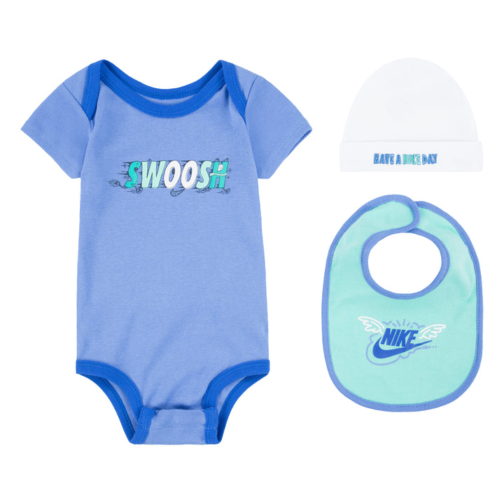 Nike 3-Piece Art of Play Bodysuit, Hat & Bib Blue Set (Newborn)