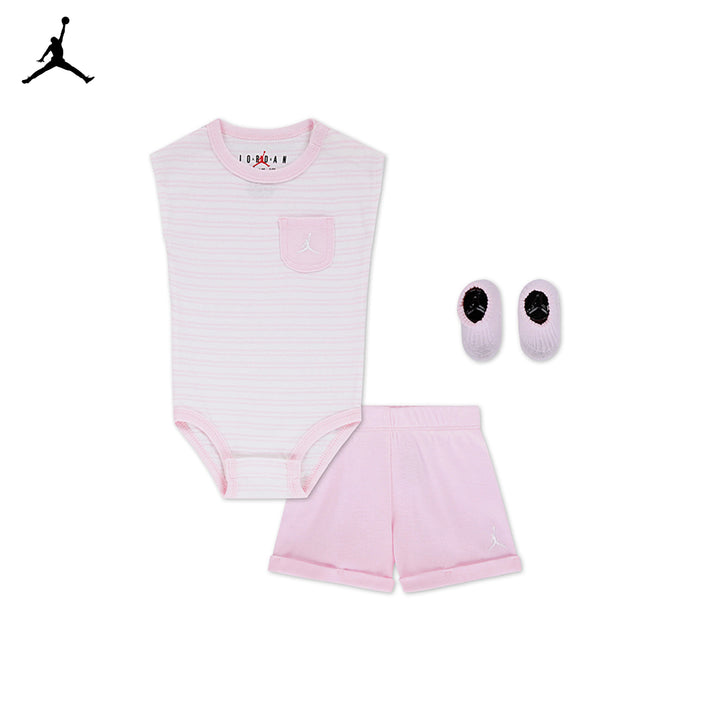 Jordan 3-Piece Essential Stripped Bodysuit, Shorts & Booties Pink Set (Infant)